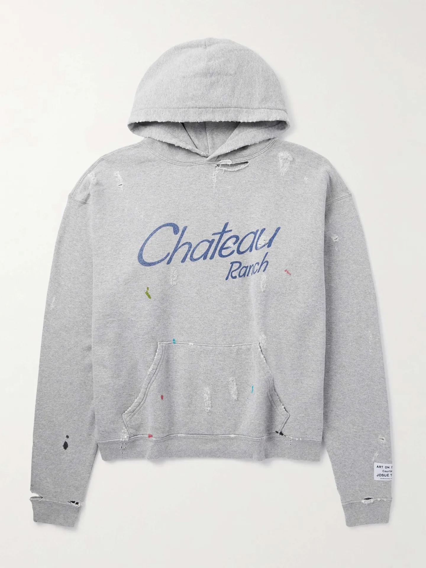 GALLERY DEPT. CHATEAU RANCH HOODIE/HEATER GRAY Horseshoe Winery Splashed Ink Destroyed Hoodie Washed Gray S-XL Assute Reactive Dyes Ready-made Horseshoe Fading Process Post-Fry Color Processing Super Heavy and Cumbersome Too Many Cuts and Hanging Wormhole Destruction Process➕Hand-Splashed Ink Very Time-consuming and Labor-intensive Correct Version Original Main Mark➕Large Main Mark➕Yellow Wash Mark The original BOXY short and wide version has not been changed at all. God-cut. Authentic level printing process. Post-washing treatment to show natural aging effect.